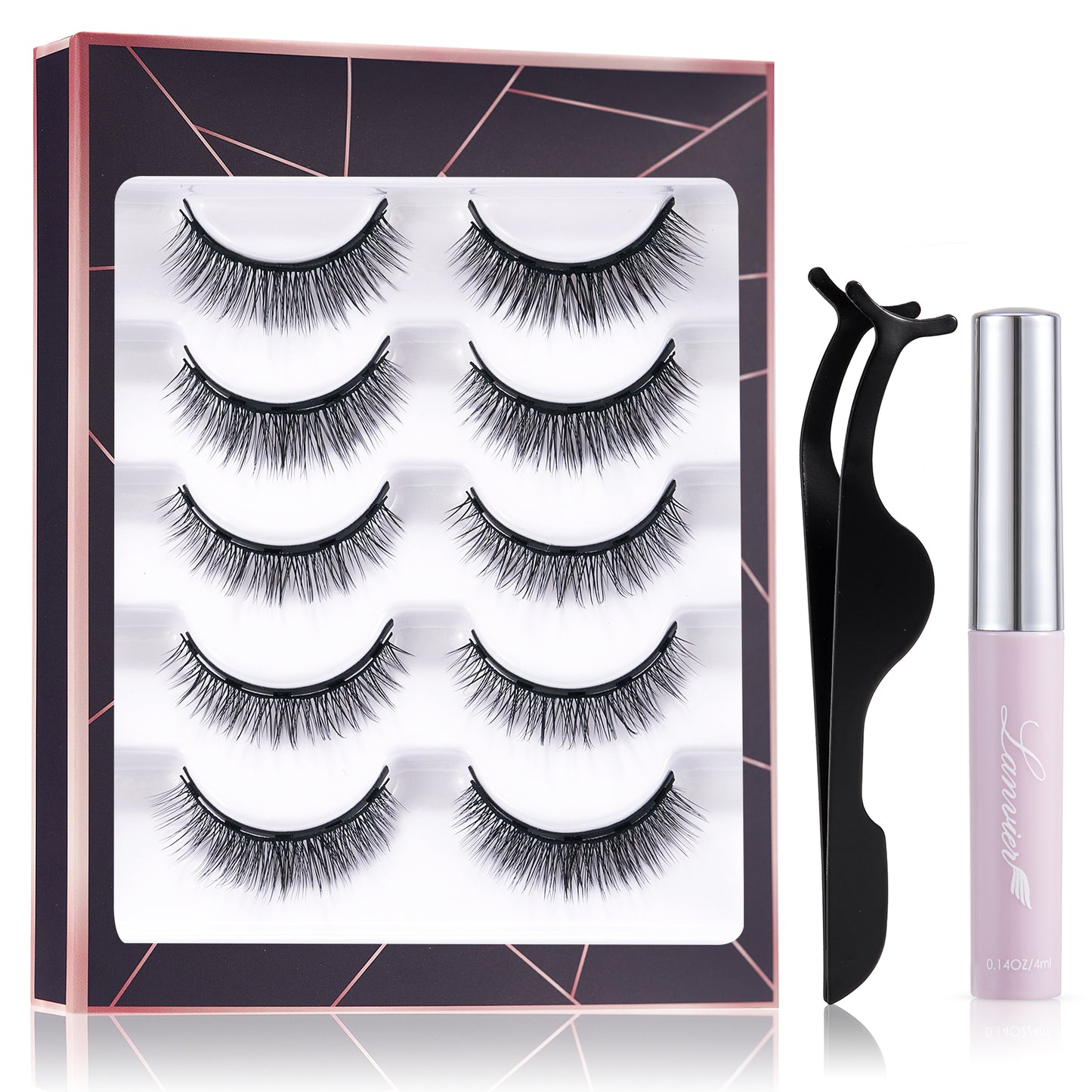 [5 Pairs] Magnetic Eyelashes Eyeliner Kit Natural Looking with 2 Tubes of Eyeliner - Black