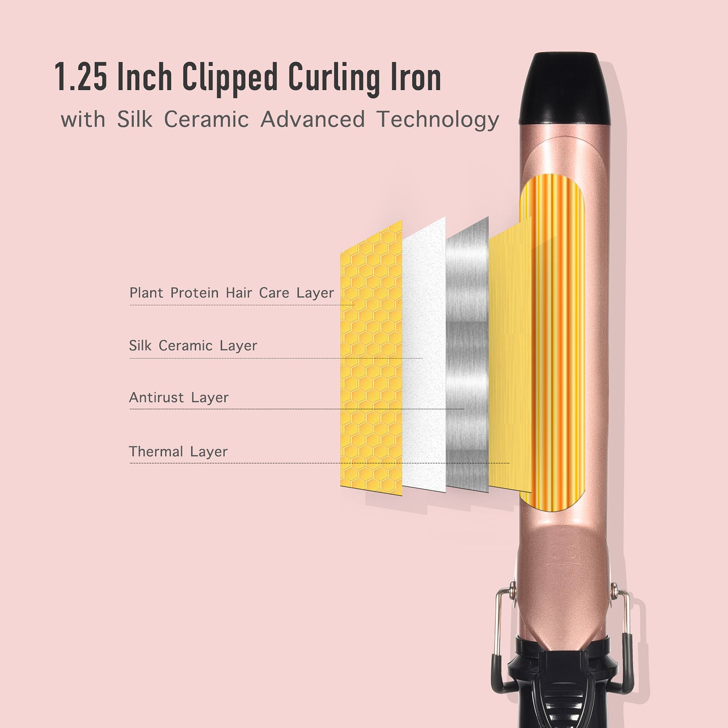 Lanvier 1.25 Inch Curling Iron with Extra Long Barrel -Rose Gold