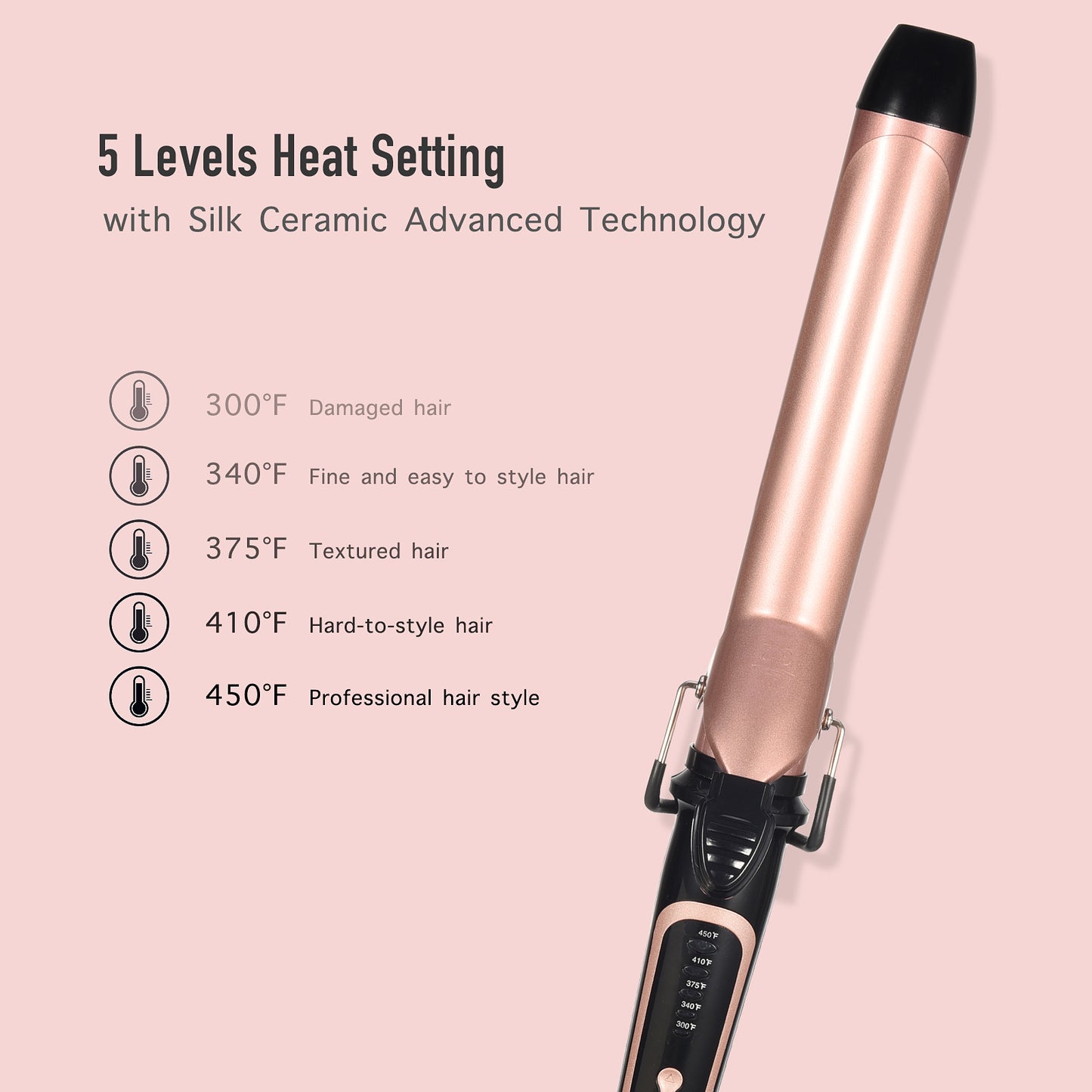 Lanvier 1.25 Inch Curling Iron with Extra Long Barrel -Rose Gold