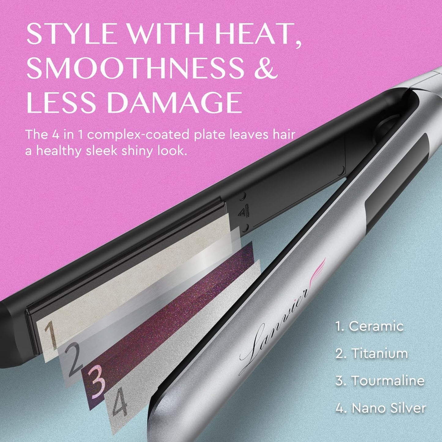 LANVIER Hair Straightener Flat Iron, 2 in 1 Hair Straightener and Curler, Nano Silver Tourmaline Titanium Ceramic Flat Iron, 15s Fast Heating, Rotating Temp Dial, Smart LED, Dual Voltage Hair Styler